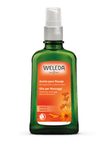 Oleo-para-Massagem-Weleda-de-Arnica-frasco-verde-com-rotulo-laranja-e-flores-amarelas-destacando-suas-propriedades-de-recuperacao.