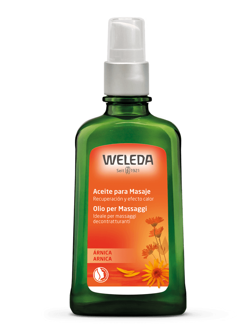Oleo-para-Massagem-Weleda-de-Arnica-frasco-verde-com-rotulo-laranja-e-flores-amarelas-destacando-suas-propriedades-de-recuperacao.