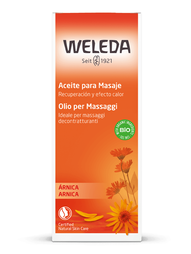 Embalagem-do-Oleo-para-Massagem-Weleda-de-Arnica-destacando-suas-propriedades-de-recuperacao-com-rotulo-laranja-e-flores-amarelas-e-selo-de-ingredientes-organicos.