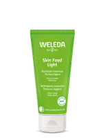 Creme-Skin-Food-Light-da-Weleda-tubo-verde-claro-com-rotulo-destacando-nutricao-intensiva-para-rosto-e-corpo-indicado-para-pele-seca.